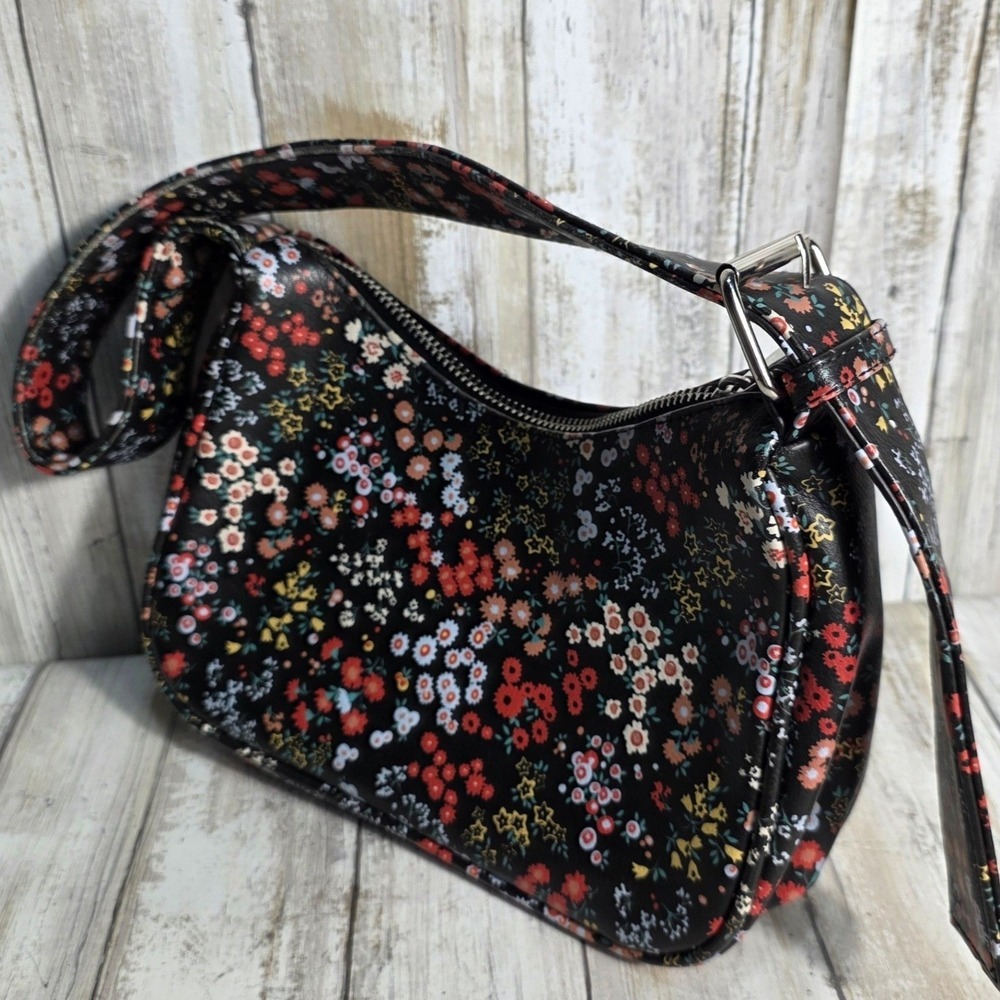 Floral Print Faux Leather Shoulder Bag Black Wildflower 90s Baguette Purse - Picture 3 of 5
